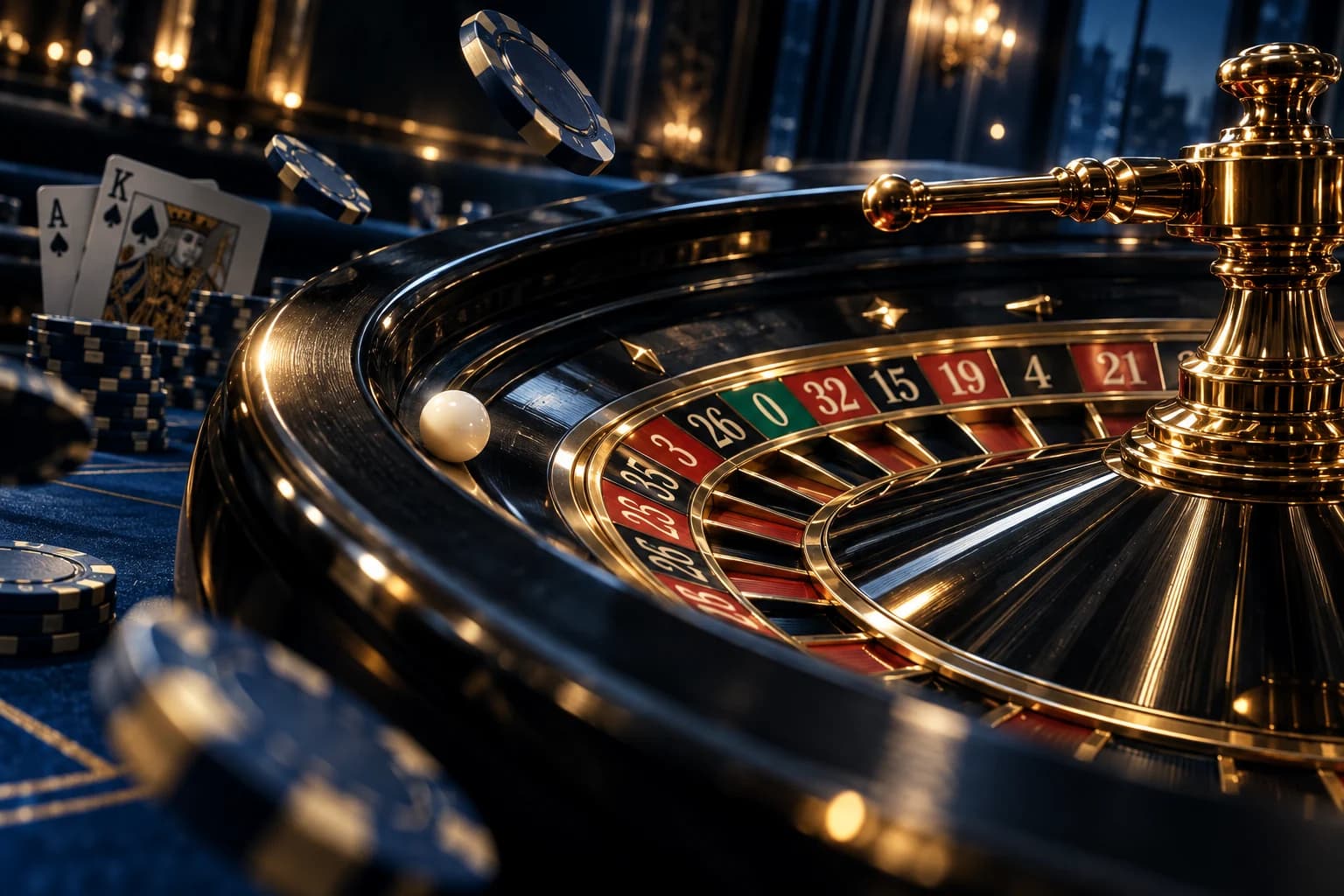 Cinematic roulette wheel with blue casino chips and playing cards