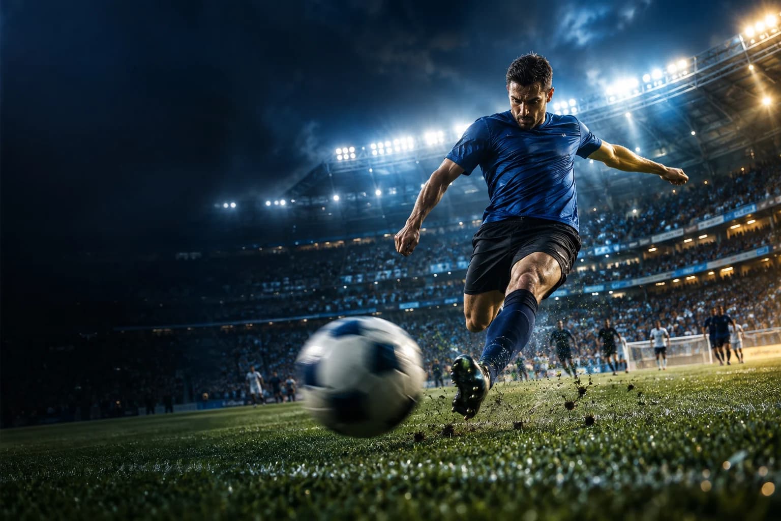 Footballer striking the ball under stadium floodlights