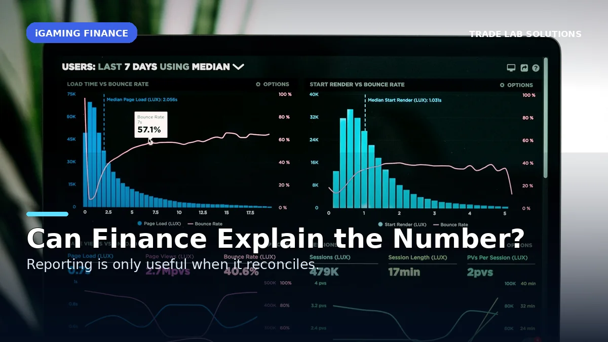 Casino platform reporting reconciliation dashboard being reviewed by a finance team